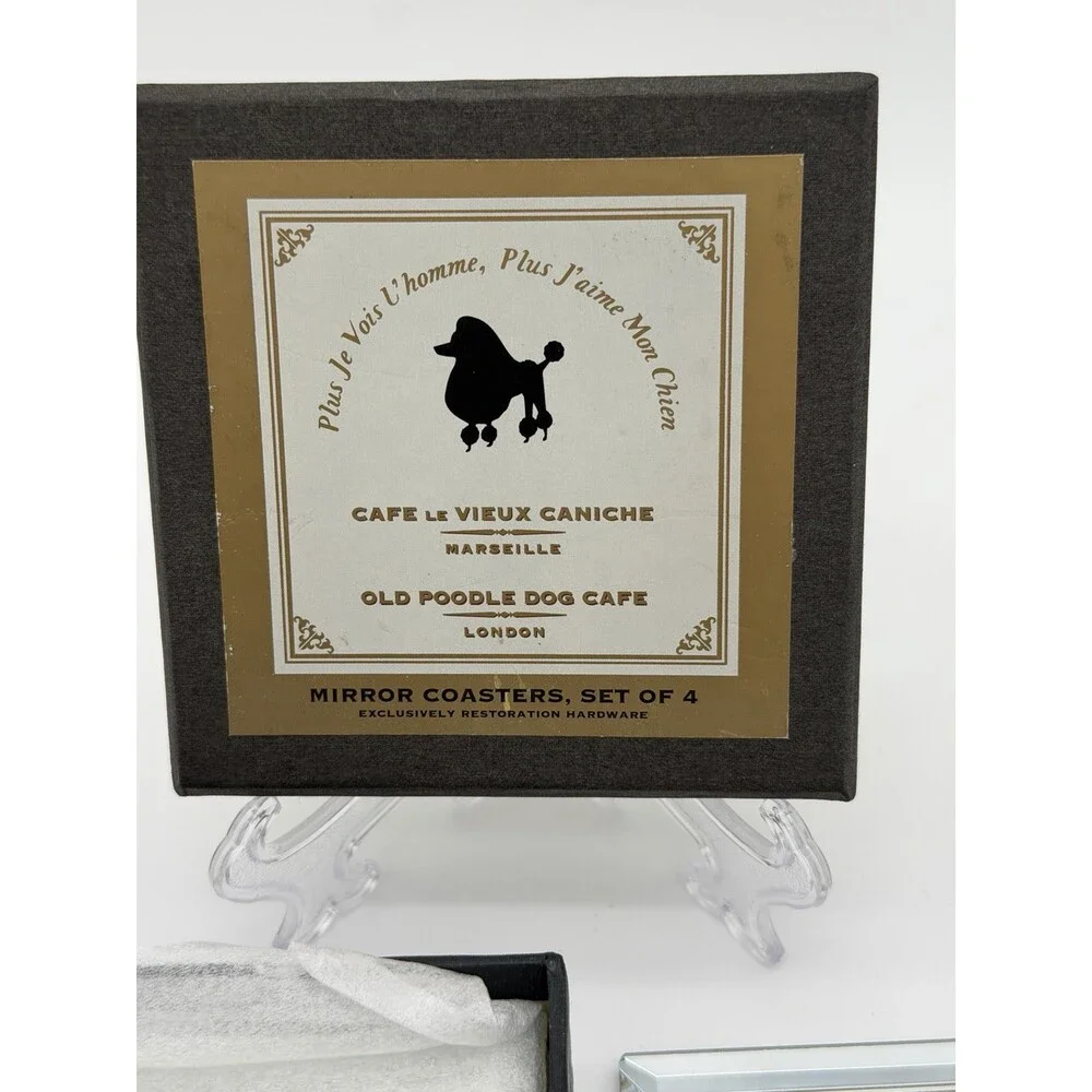 Restoration Hardware MIRROR POODLE coasters Old Poodle Dog Cafe Set Of 4 London
